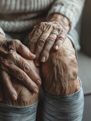 Fototapeta premium Semi-close-up of an elderly woman rubbing her knee, home background, clear detail on the knee area, large copy space