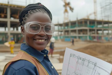 Smiling African American woman in safety vest holding blueprints at construction site. Background includes construction materials and industrial equipment. professionalism in engineering.
