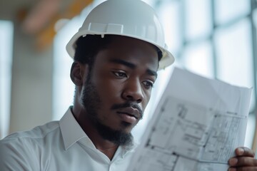 African American engineer in white hard hat examining architectural blueprints. expertise, and professionalism in modern engineering. Indoor setting, serious expression, white shirt.