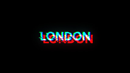 Obraz premium 3D rendering London text with screen effects of technological glitches
