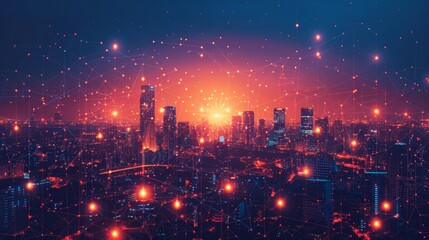 A futuristic 3D illustration of a city skyline, with digital networks and connections overlaying the buildings, representing a smart, connected city.