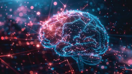 A futuristic 3D illustration of a digital brain with glowing neural connections, symbolizing data analysis and artificial intelligence.