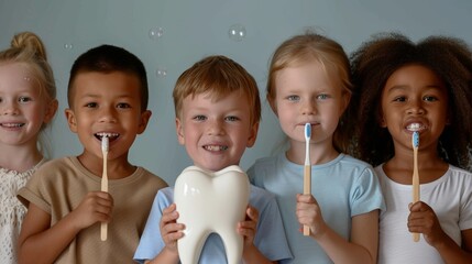 Diverse group of children holding toothbrushes and smiling, standing with a large tooth model. Kids of various ethnicities, excited and promoting dental hygiene. cheerful oral health education.