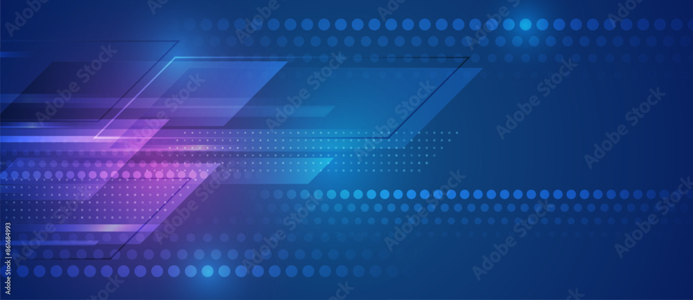 Poster Modern science vector presentation. Abstract lines and glow, futuristic concept. Data transfer and protection, internet communication on a blue background. High computer technology design.