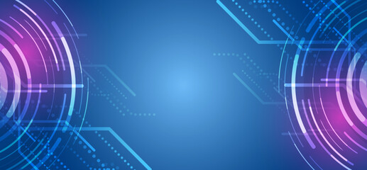 Obraz premium High tech banner. Technological geometric background consisting of circles on a blue background. Internet communications, big data, digital technologies.