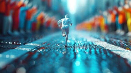 A detailed 3D illustration of a person running towards a finish line, with a crowd cheering in the background, symbolizing reaching a goal.