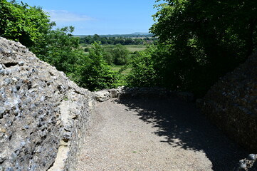 Stone wall of a Norman castle over looking the South Downs in West Sussex. 