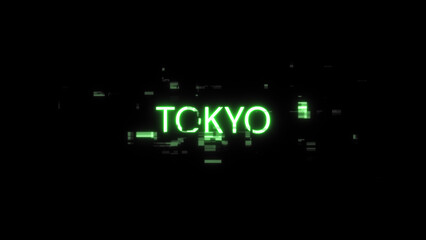 3D rendering Tokyo text with screen effects of technological glitches