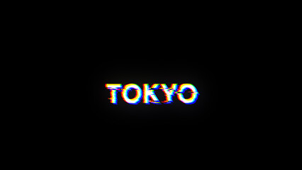 3D rendering Tokyo text with screen effects of technological glitches