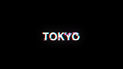 3D rendering Tokyo text with screen effects of technological glitches
