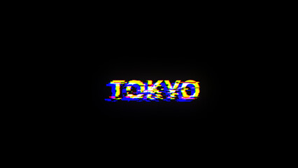 3D rendering Tokyo text with screen effects of technological glitches