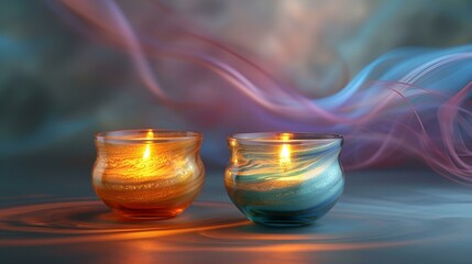 Two lit candles emitting smoke, creating a serene ambiance with their flickering flames.

