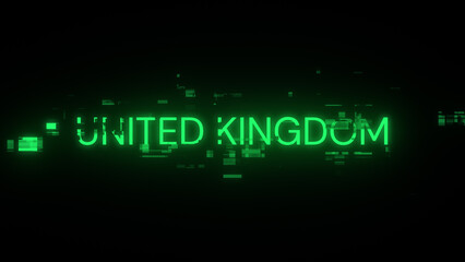 3D rendering United Kingdom text with screen effects of technological glitches