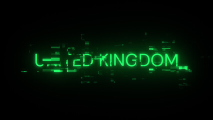3D rendering United Kingdom text with screen effects of technological glitches