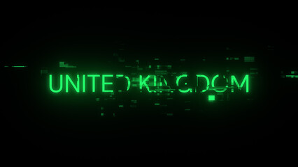 3D rendering United Kingdom text with screen effects of technological glitches