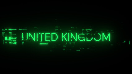 Obraz premium 3D rendering United Kingdom text with screen effects of technological glitches