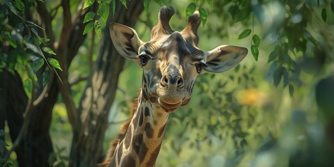 Fototapeta premium a curious giraffe stretching its neck to reach the leaves of a tall tree in the savannah, highlighting its unique form and natural environment. 