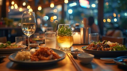 A table set with plates of delicious food and wine glasses ready to be enjoyed.

