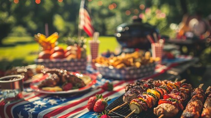 An inviting table spread with grilled kebabs, assorted appetizers, and patriotic decorations, capturing the essence of a festive American summer barbecue.
