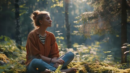 serene woman disconnecting from technology in nature conceptual image promoting digital detox