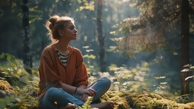 serene woman disconnecting from technology in nature conceptual image promoting digital detox