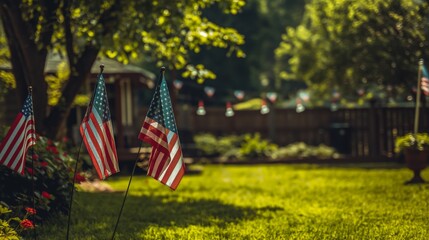 American flags placed in a lush backyard with a garden, setting a patriotic theme for a celebratory gathering or outdoor event in a serene and green environment.