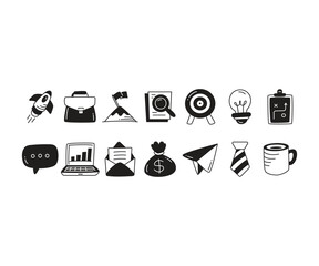 doodle business icons set vector