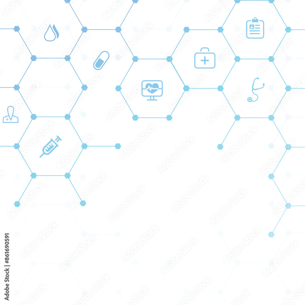 Poster vector design medical healthcare icons in hexagon shapes network connection. abstract medical banner