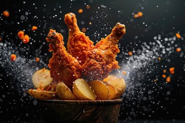 Delicious crispy fried chicken drumsticks with potatoes, bursting with flavor against a dark background, seasoned with spices for a mouth-watering dish.