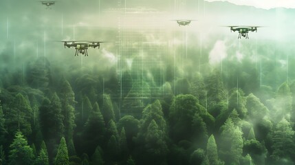 Fototapeta premium 14. Craft a scenario of AI-driven environmental monitoring, with drones and sensors collecting data to manage and preserve natural resources.