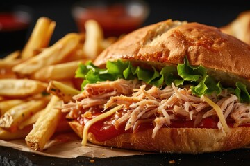 Close-up of a delicious pulled pork sandwich with lettuce, accompanied by crispy French fries, set against a dark background.