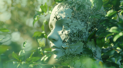 Futuristic robotic components merge with vibrant natural elements in a digital art piece exploring the fusion of technology and nature.