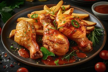 Naklejka premium Delicious roasted chicken drumsticks with spicy sauce, garnished with jalapenos and served with crispy fries on a dark plate.
