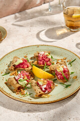 Sunlit Still Life of Tuna Tartare on Bruschetta Showcasing Natural Texture and Lifestyle Aesthetics
