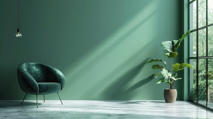 A sleek and contemporary living room featuring a green color scheme, designed with a minimalist approach. The image provides generous copy space, suitable for a wide range of advertising and design