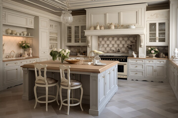 Fototapeta premium Modern French elegant interior of kitchen with notes of colonial style. Generative AI tools