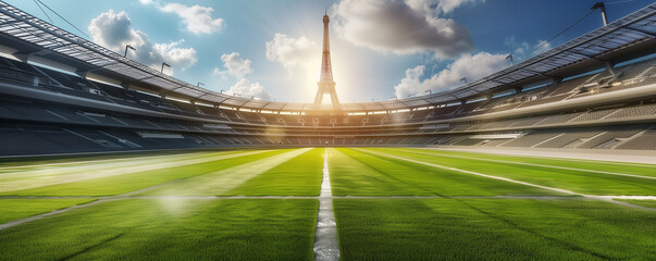 A breathtaking view of a sunlit stadium with the iconic Eiffel Tower in the background. The well-maintained green field and clear blue sky set a perfect scene for a grand sporting event