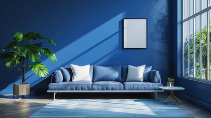 A contemporary living room decorated in indigo shades, offering a minimalist and sophisticated space with ample copy space for your text or graphics.