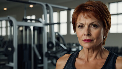 Nina, a 58 year old woman, caucasian, short red hair, brown eyes.