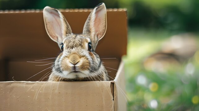 Adorable rabbit stuck inside cardboard box trying to escape with funny struggle