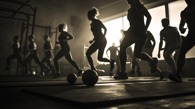 A group doing a boot camp workout, gym, intense, hd, teamwork with copy space - Powered by Adobe