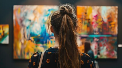 Back of an adult woman looking at a modern art painting in a gallery. Generative AI
