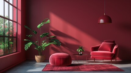 A chic living room decorated in stylish maroon tones, with minimalist furnishings and a clean, uncluttered layout. The image offers plenty of copy space for adding text or graphics.
