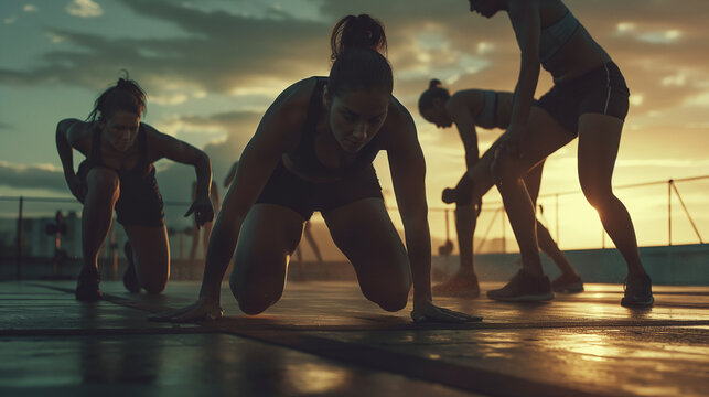 A group doing a boot camp workout, gym, intense, hd, teamwork with copy space