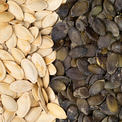 Unpeeled and peeled pumpkin seeds close-up, top view.