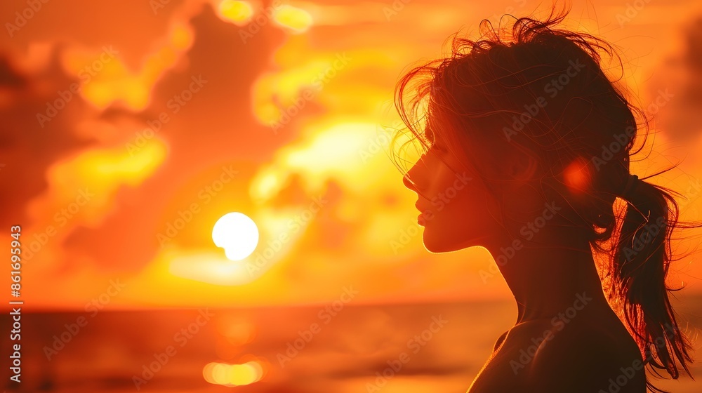 Wall mural silhouette of woman with sunset in the background - Wall murals