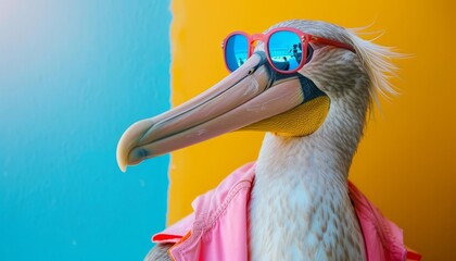 Fototapeta premium Image of stylish Albatross in trendy sunglasses and outfit looking at camera against two colored background, Copyspace