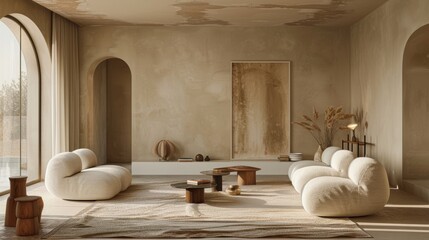 A sophisticated living room featuring a rich tan color palette, with minimalist furnishings and a clean, uncluttered layout. The image provides ample space for adding text or graphics.