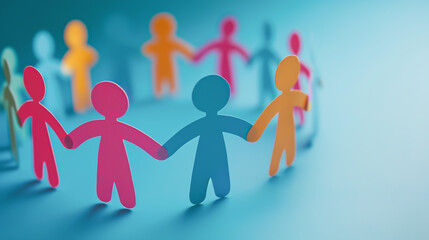 Multicolored paper cutout figures holding hands in a circle, symbolizing unity, diversity, and teamwork.