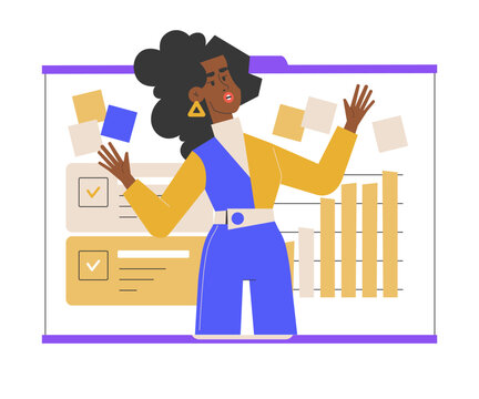 A businesswoman in an office setting engages in a brainstorming session. She stands in front of a flipchart filled with sticky notes and charts, actively discussing and presenting her creative ideas.